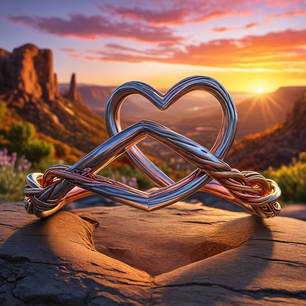 A happy couple standing hand in hand at sunset, looking lovingly into each other's eyes, with a beautiful scenic landscape in the background. Include symbols of unity, such as intertwined rings and a heart, subtly embedded in the scenery. The overall feel should be warm and inviting, symbolizing love and togetherness. super-realistic. vibrant colors.