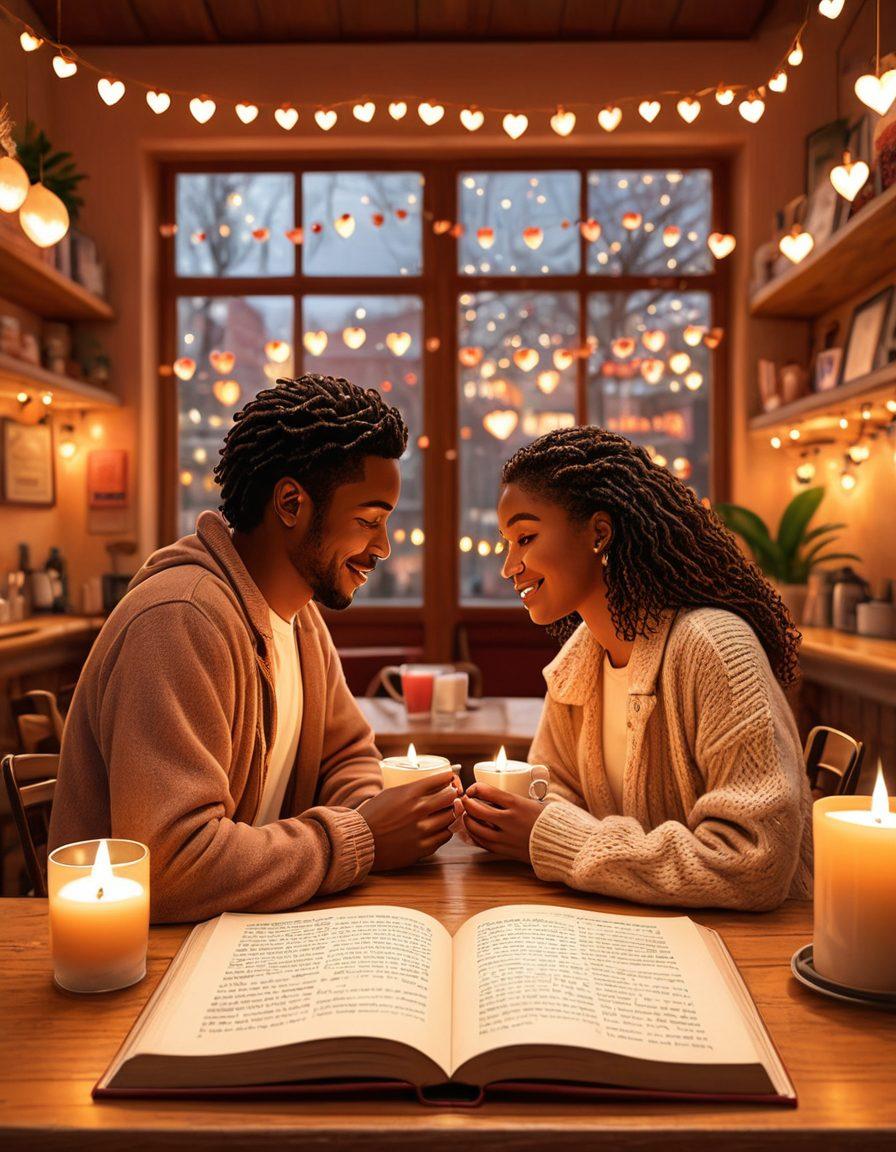 A cozy coffee shop setting with a diverse couple sitting by the window, sharing a warm conversation and holding hands, surrounded by heart-shaped decorations and soft candlelight. The background features a book titled 'The Ultimate Guide to Romantic Relationships'. Vector art. Warm and soothing colors. Subtle, romantic atmosphere.