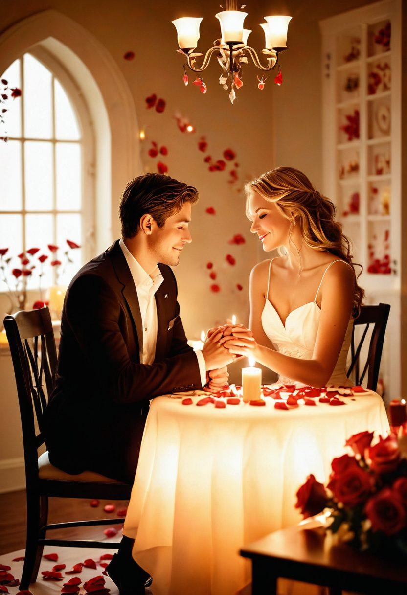 A couple sitting at a cozy candle-lit dinner table in an intimate setting, sharing a tender moment while holding hands; soft, warm lighting accentuating their faces and expressions of love and affection. Background features subtle romantic elements like rose petals and soft music notes. super-realistic. vibrant colors. white background.